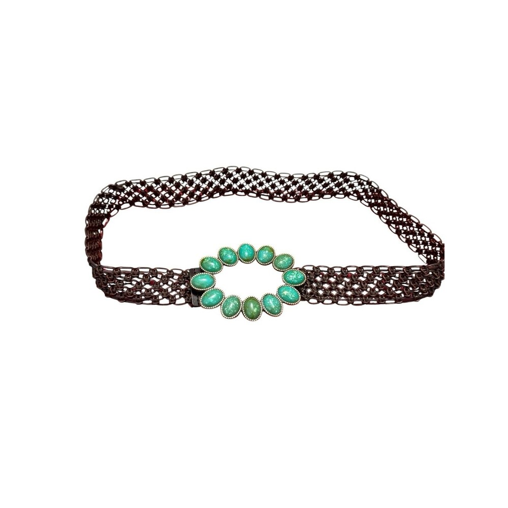 Boho Faux Turquoise Stone Statement Belt Brown Woven Leather Wide Western Belt - Picture 2 of 9